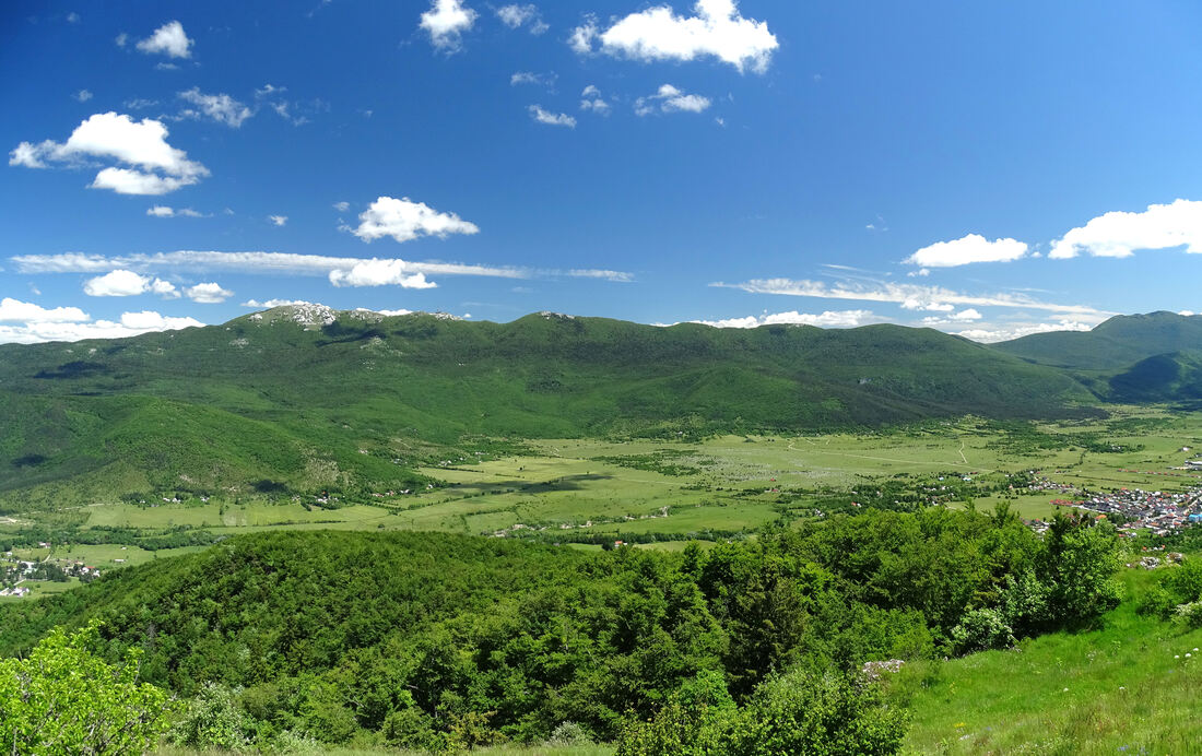 Pogled s brda Mrsinj na Koreničko polje i Golu Plješivicu, u pozadini