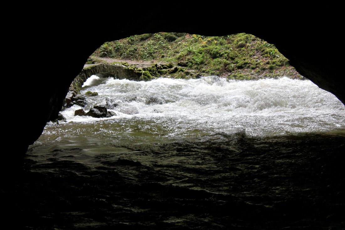 Pogled iz Zelških jama prema pješačkom mostu i stazi koja prolazi dnom provalije (slov. udornici) ispod Malog prirodnog mosta.