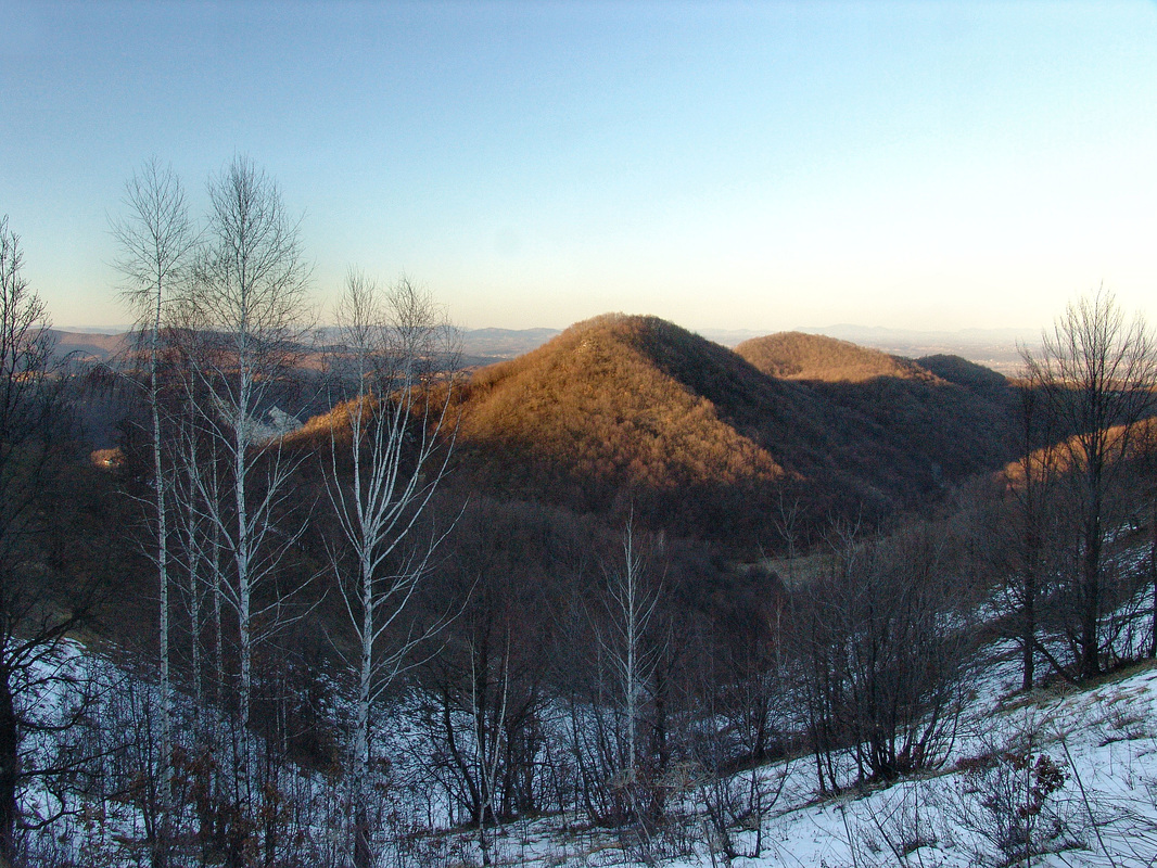 Pogled s grebena Oštrca u smjeru sjevera. U prvom planu brdo Budina (614 m) iza koje se nazire Konoplarka (595 m). U dubini je Veliki dol.