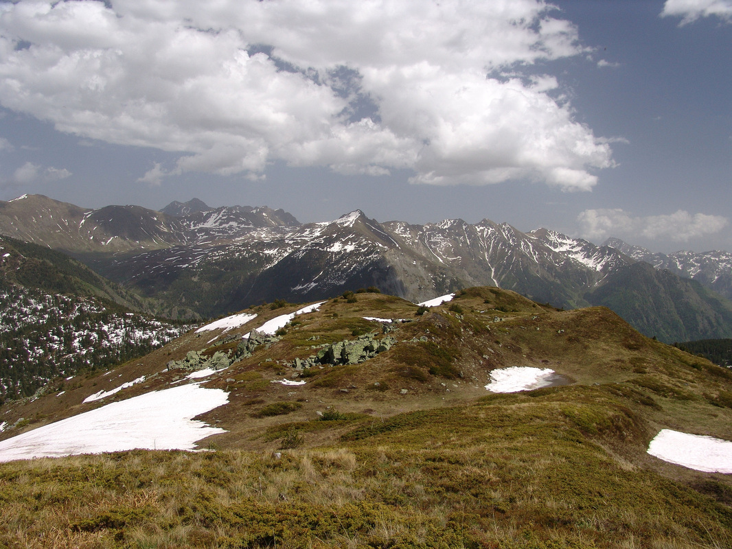 Pogled s vrha Maje Horolac prema istoku, prema albanskim (u prednjem planu i desno) te kosovskim Prokletijama (lijevo) Lijevo, na horizontu, u pozadini nazire se piramidalni vrh Gjeravice/Đeravice (2656 m)
