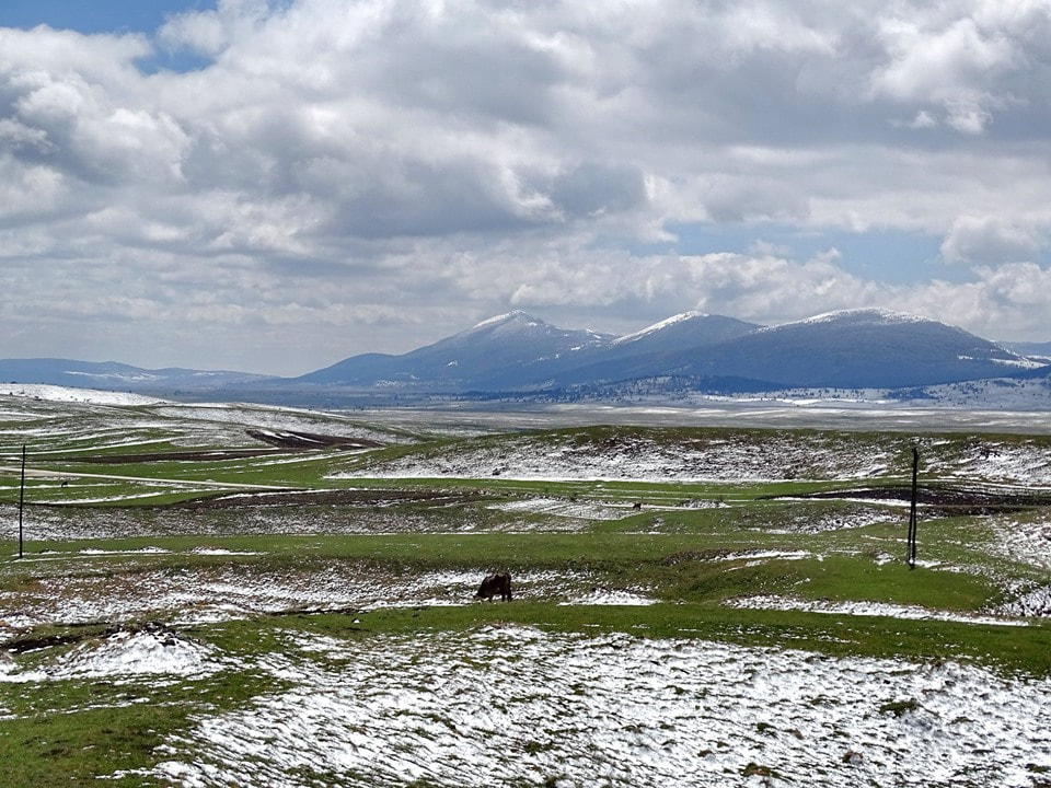 Zimski motiv s Kupreškog polja. U pozadini vrhovi Cincar planine: Malovan, Jaram i Kurljaj.