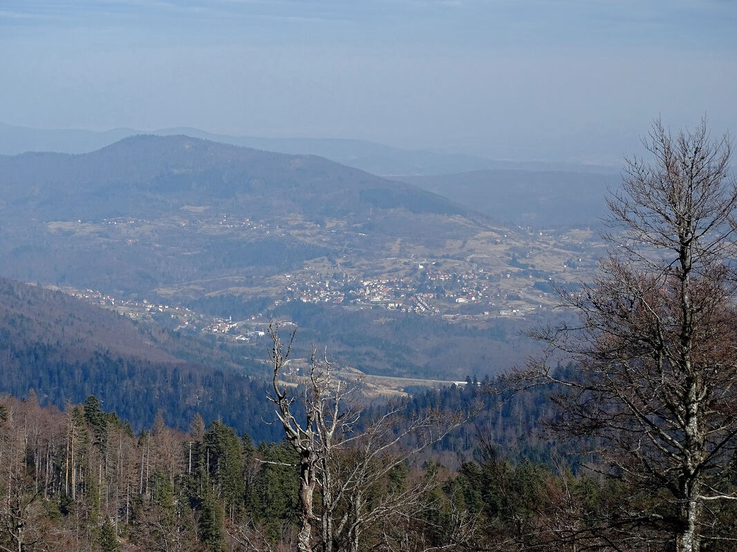 Pogled s grebena Bijele kose na grad Vrbovsko i brdo Lovnik (u pozadini)