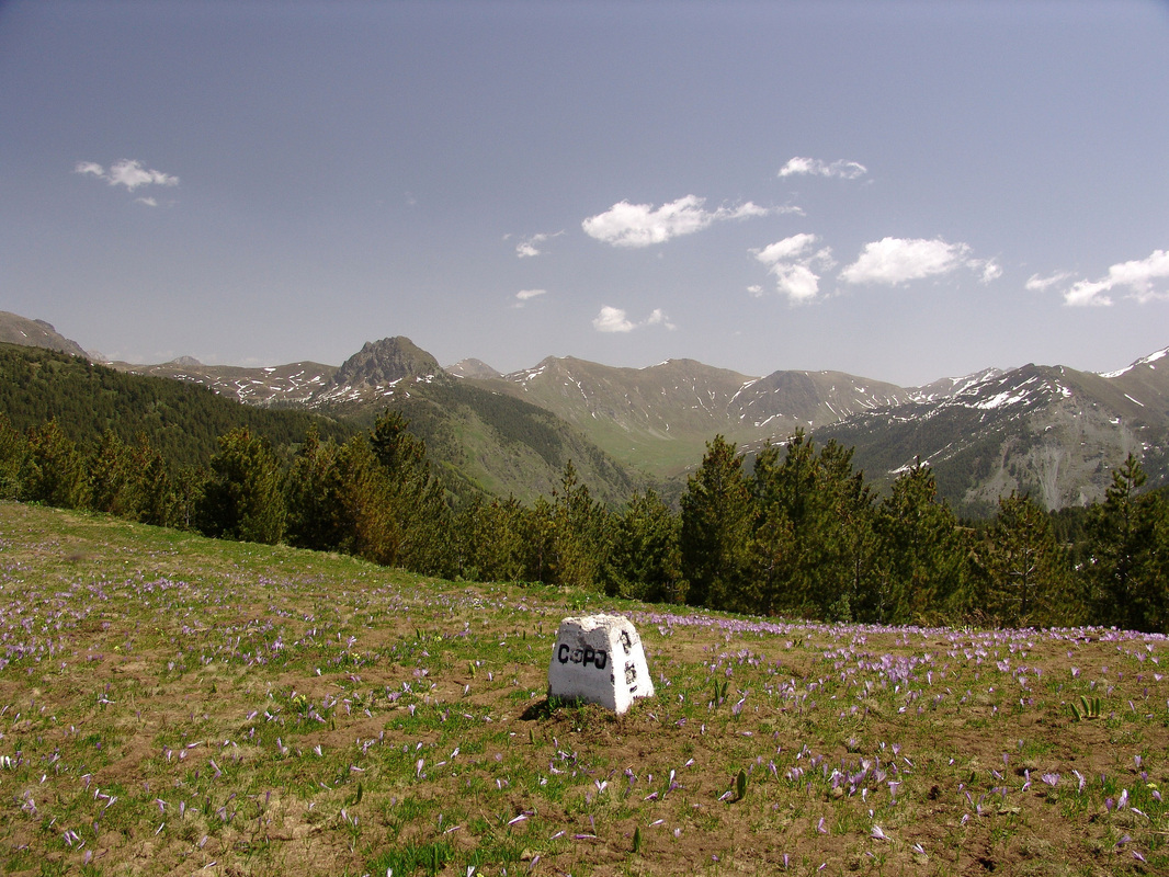 Granični kamen, na grebenu južno od vrha Maja Horolac, iznad doline rijeke Gashi u Albaniji.