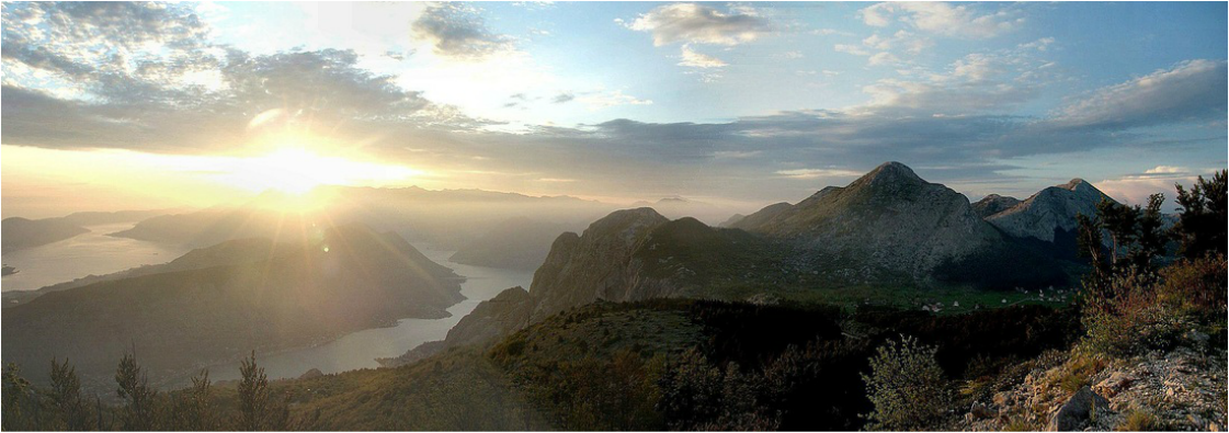 Boka kotorska bay (Bay of Kotor), seen from the slopes of Lovćen mountain, in Montenegro﻿