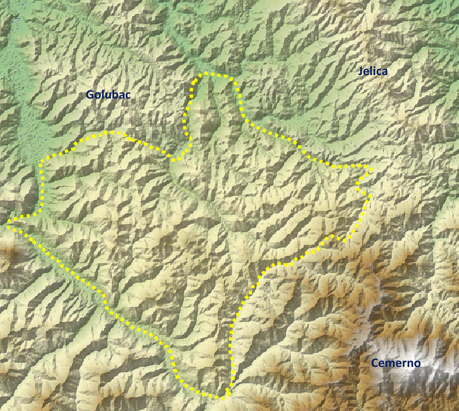 Približno područje raspostiranja Dragačevskih brda u odnosu na okolna brda i planine