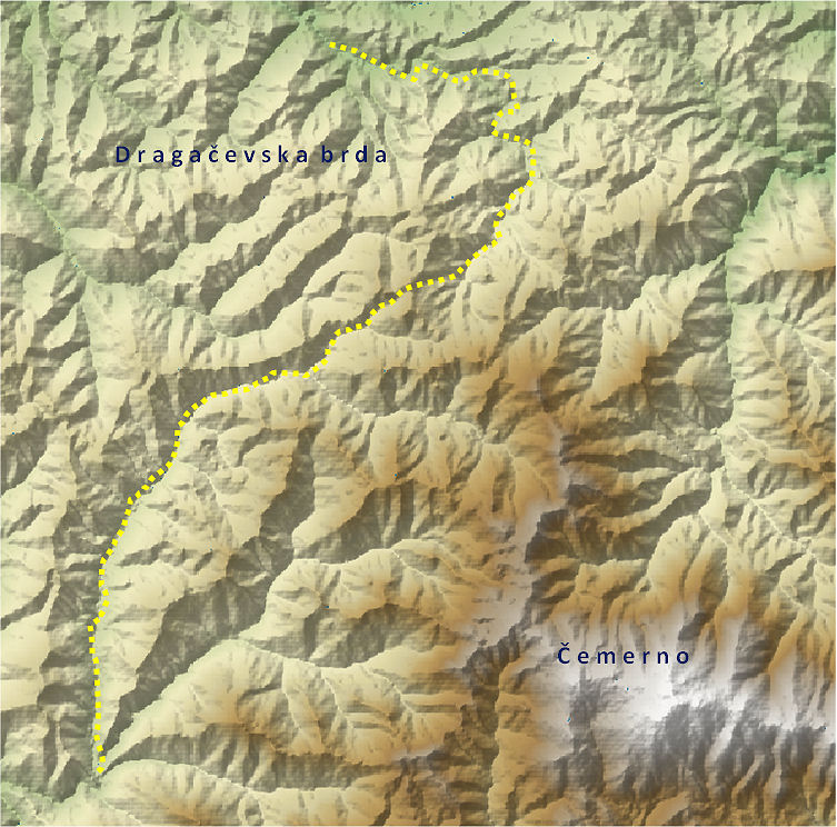 Približno razgraničenje Dragačevskih brda i planine Čemerno - uz korištenje 
