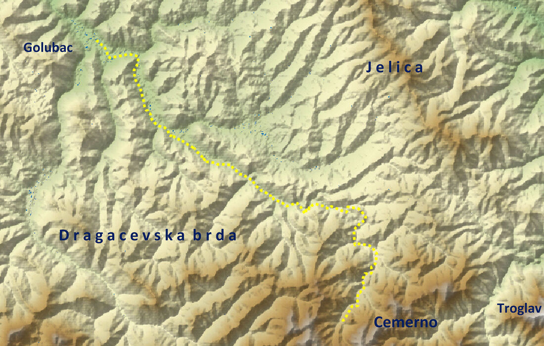 Približno razgraničenje Dragačevskih brda i planine Jelice - uz korištenje 