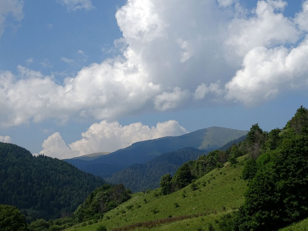 Pogled preko područja Koprivnice na Demirovac (krajnji travnati vrh u pozadini) ispred koga je niži šumoviti Vučjak.