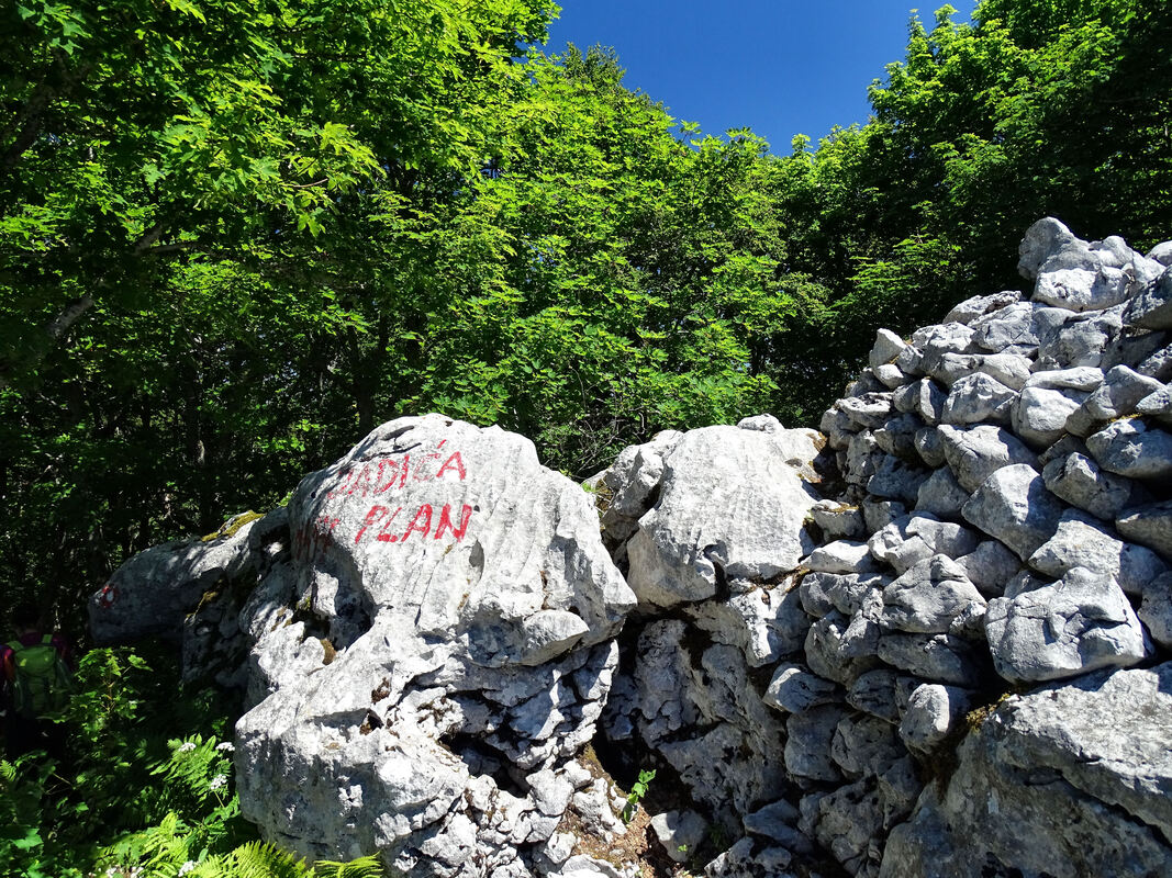 Vrh je označen natpisom Jadića plan na kamenu s imenom vrha i nadmorskom visinom.