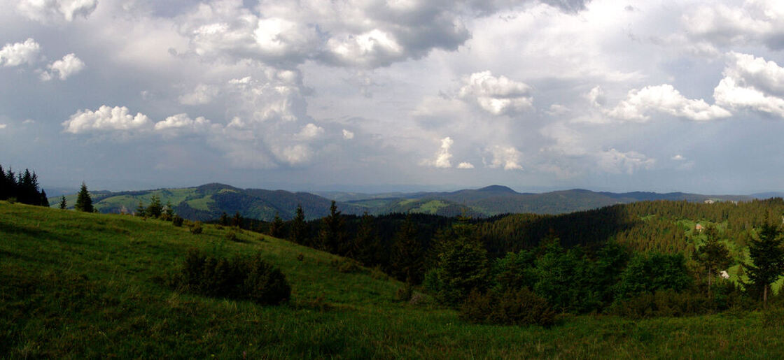 Pogled s Bukovika prema planini Ozren (Ozren u užem smislu), s njegovim vrhovima-grebenima: Visojevica (lijevo) i Bandijera-Ozren (sredina).