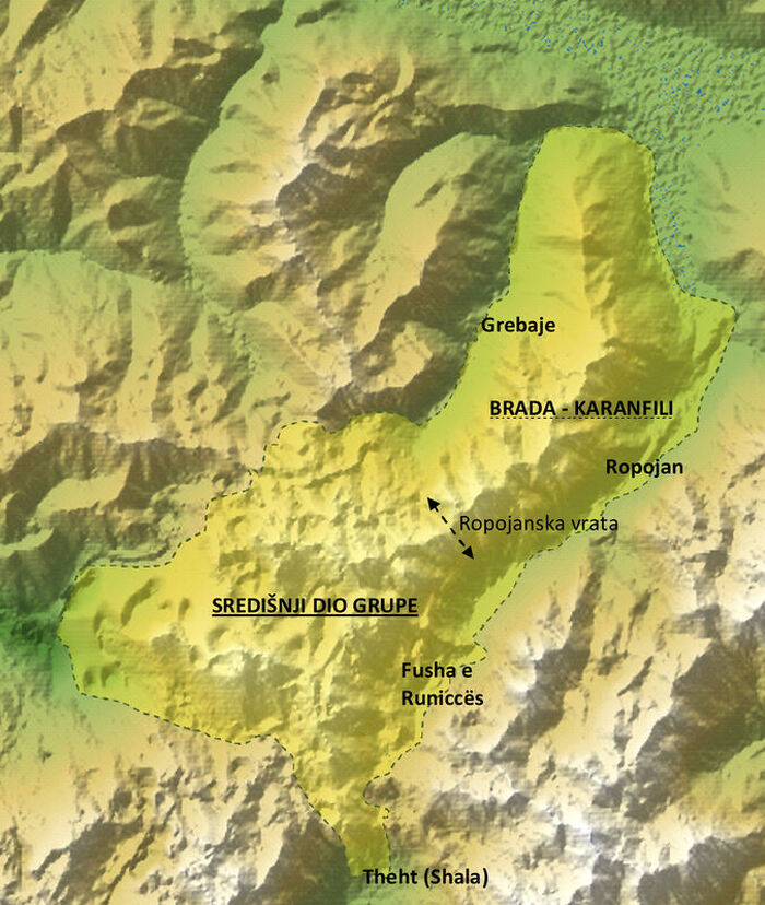 Reljef planinske grupe Shkurt-Lagojve, s grebenom Brada-Karanfili