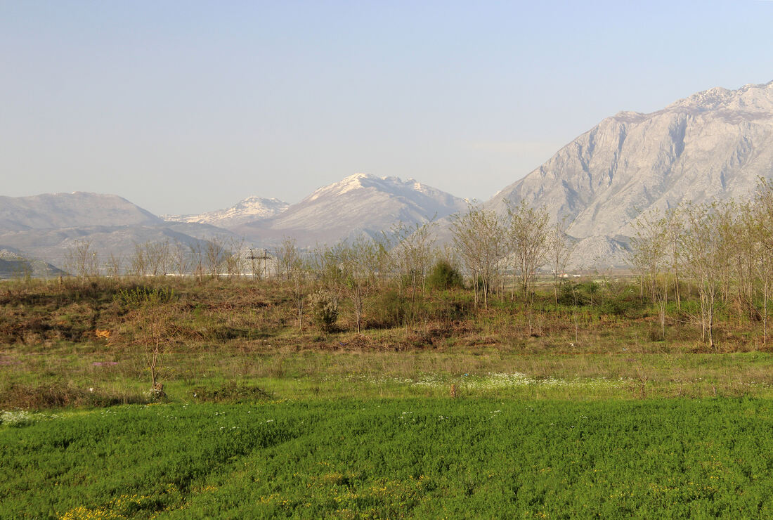 Pogled iz prostrane Sjevernoskadarske nizine na vrhove Veleçika (u pozadini, prekriveni snijegom).
