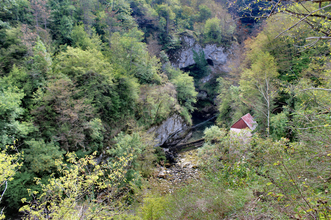 Bastašica, pogled s pješačke staze na vrelo i malu hidroelektranu