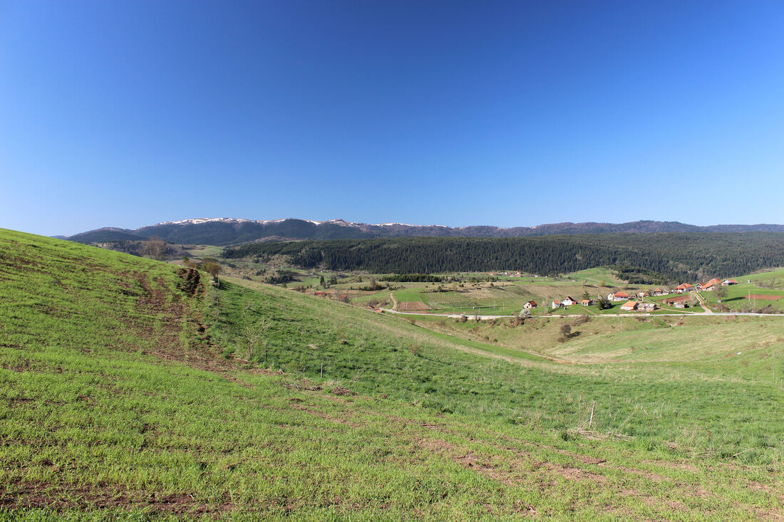 Pogled od sela Aljinovići na greben Jadovnika (na horizontu)