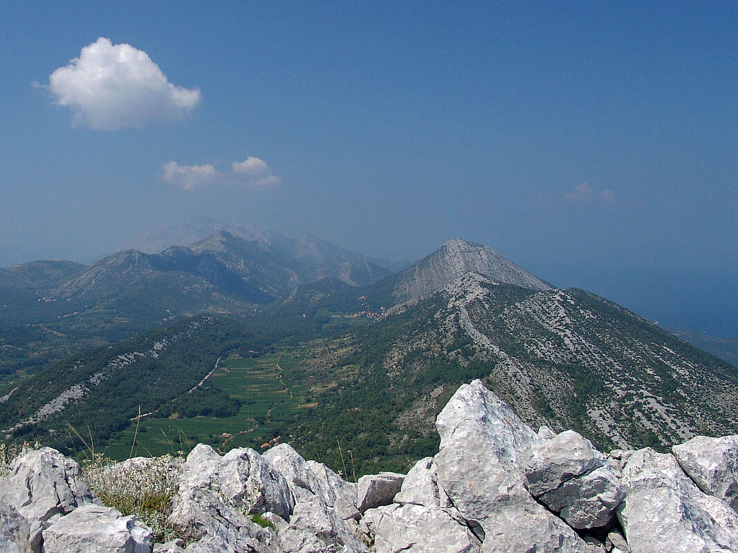 Pogled s vrha Rote na brdo Brajala (vrhovi: Dubovo brdo. 562 i Kota 546 m) i iza njega Viter (629 m).