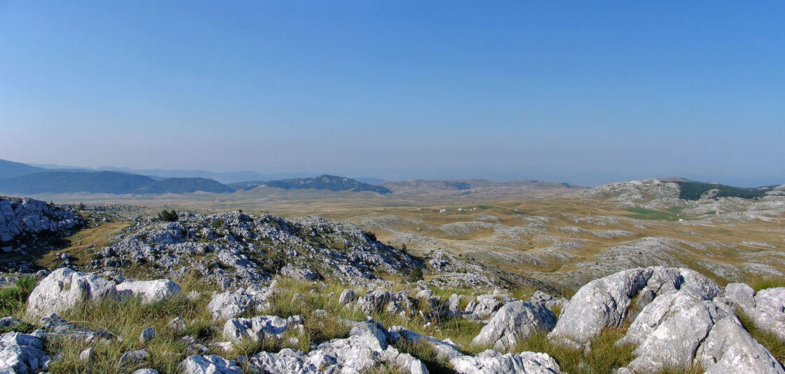 Pogled na visoravan Konjsko s padina Borovnika<bPogled na visoravan Konjsko s padina Borovnika. U sredini fotografije vide se kuće katuna Ckladna. Uzvisina skroz desno vrh je Jadovič (1606 m).