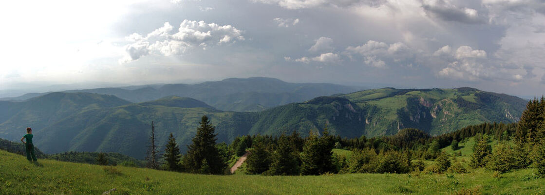 Pogled s Bukovika na ozrenske grebene-visove: Motku (lijevo) i Visojevicu (desno)